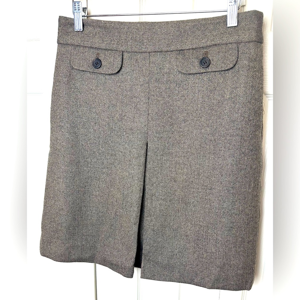 Vtg J.CREW 100%Wool Herringbone Skirt A-Line Brown Tan Vintage Blue Label Pleat